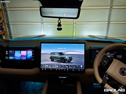 Luxury Denza B8 interior with ambient lighting, three screens, and premium tan leather seats at night