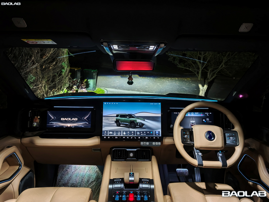 Luxury Denza B8 interior with ambient lighting, three screens, and premium tan leather seats at night