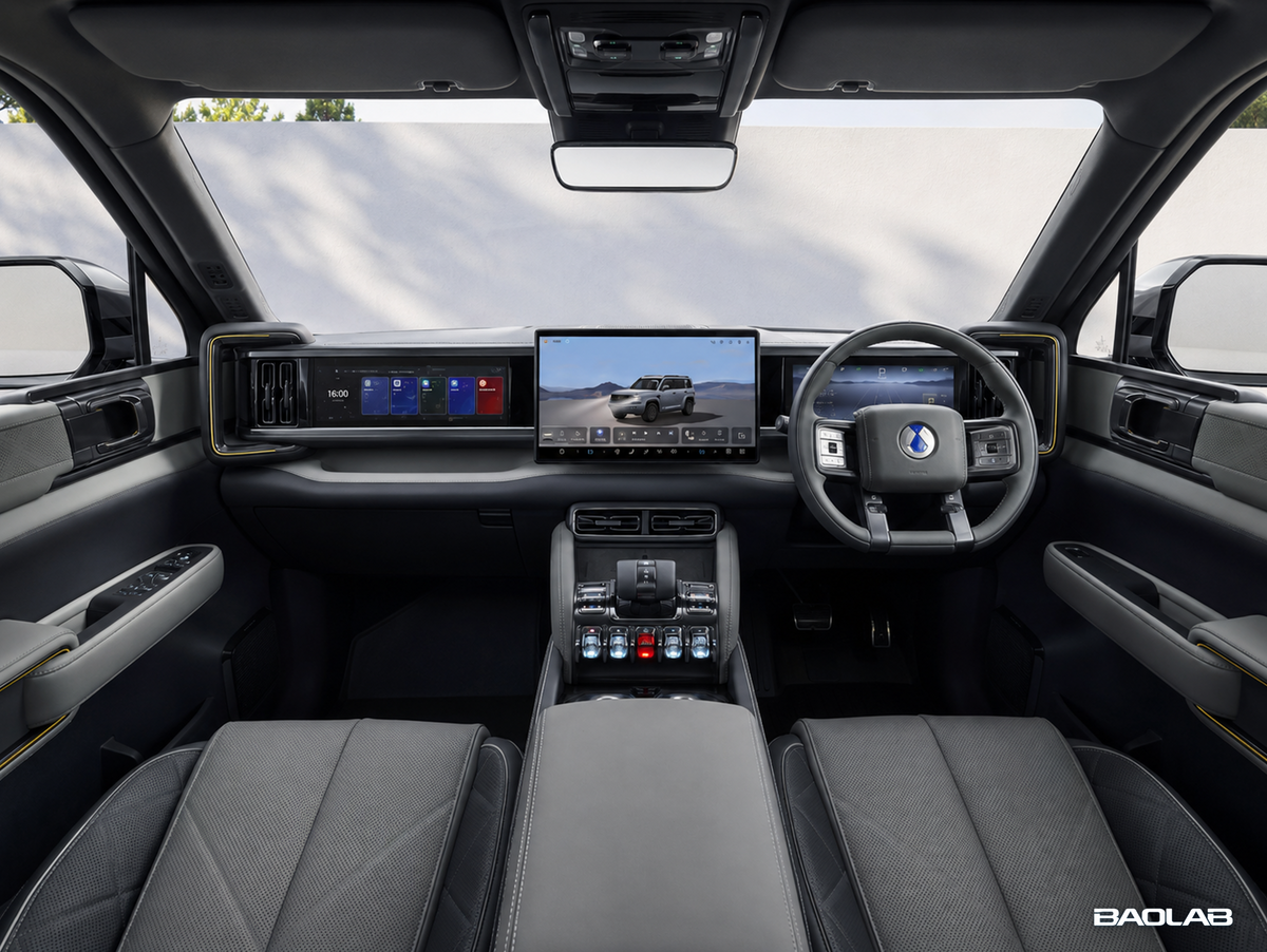Denza B5 right-hand-drive interior with passenger entertainment screen integrated into the dashboard.