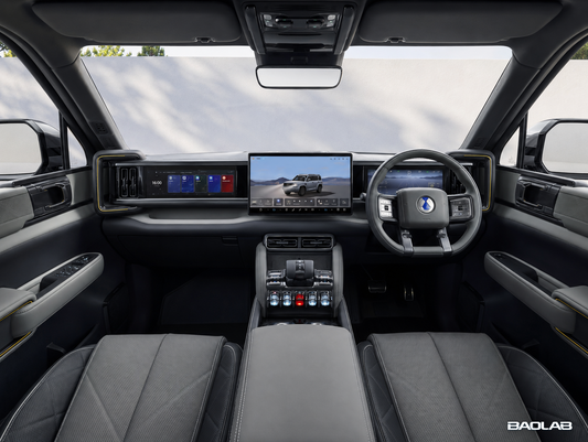 Denza B5 right-hand-drive interior with passenger entertainment screen integrated into the dashboard.