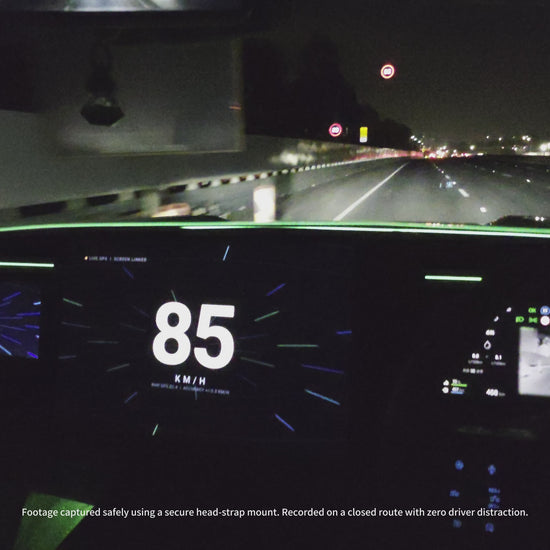 BAOLAB Screen Control app speedometer display showing 85 km/h on Denza B8 passenger screen during highway driving, synced with driver display and centre infotainment