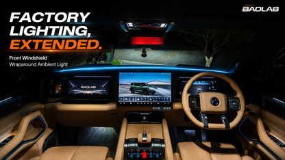 Denza B8 cockpit demonstrating front windshield wraparound ambient light with factory colour and effect synchronisation